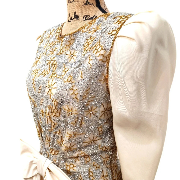 VINTAGE ESTEVEZ SEQUINE Maxi Gown Formal Dress, Cream Gold Silver, Women's Small - Picture 5 of 10